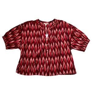NWT Garnet Hill Uma Ikat Button-Front Blouse Size Large Red Pink